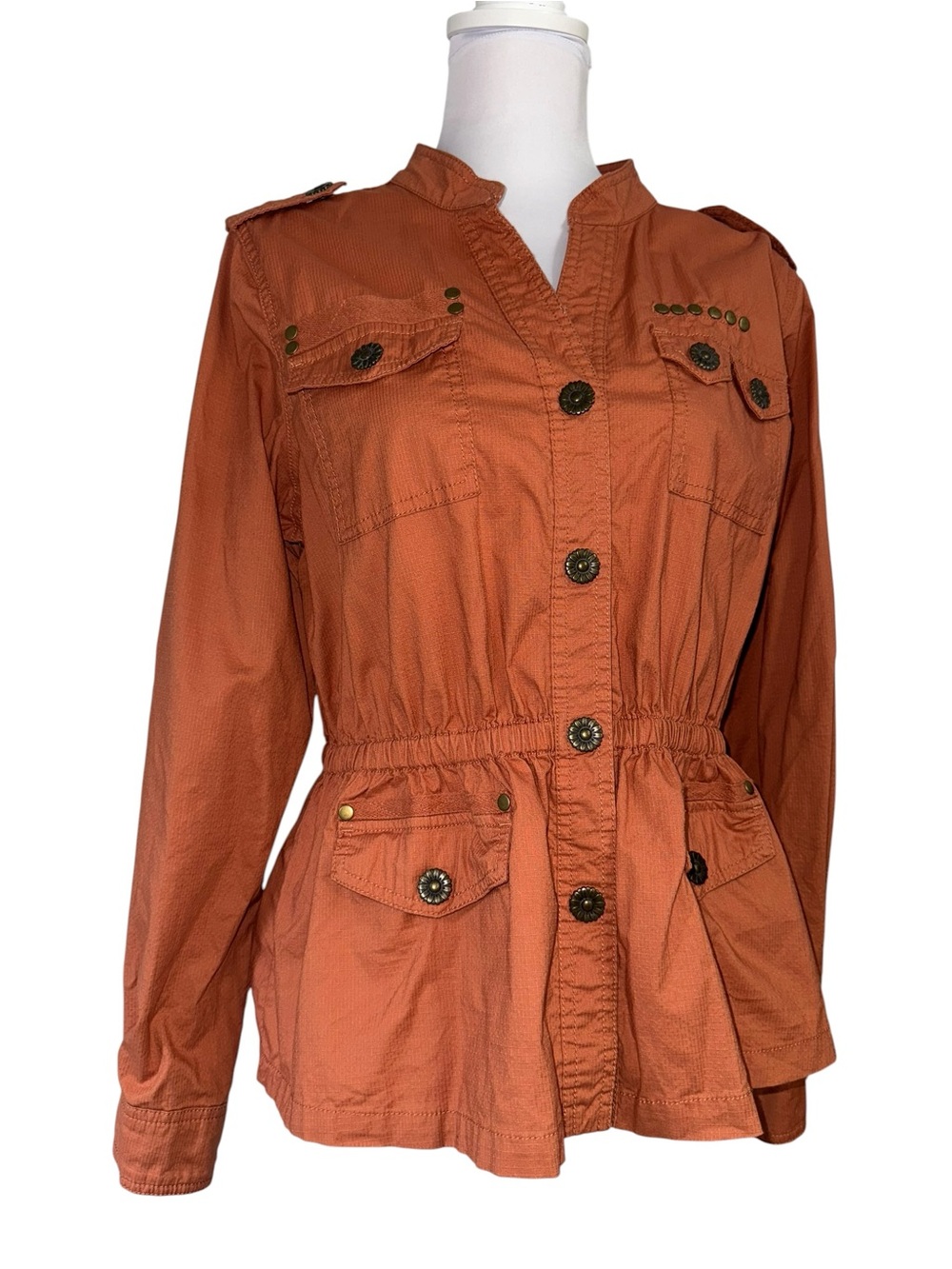 Dressbarn Utility Jacket Womens Medium Rust Orange Military Cargo Cinch Waist - Picture 2 of 10